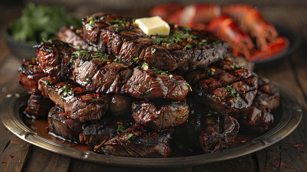 Plate with A stack of several grilled steaks with butter on top. generative AI, AI generated