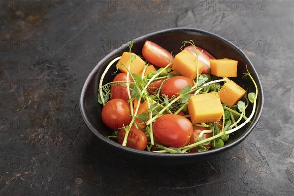 Vegetarian vegetable salad of tomatoes, pumpkin, microgreen pea sprouts on black concrete