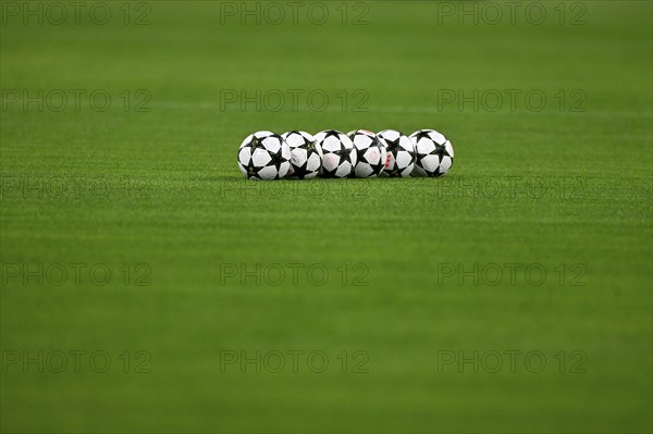 Adidas match balls lying on the pitch, Champions League, Allianz Arena, Munich, Bavaria, Germany,