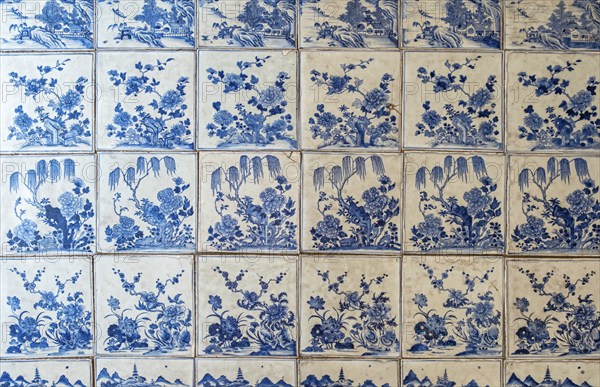 Blue and white porcelain tiles, Paradesi Synagogue, Matancherry, Jew Town, Cochin, Kerala, India,