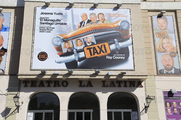Taxi poster billboard advert, Teatro la Latina theatre playhouse, Madrid city centre, Spain, Europe