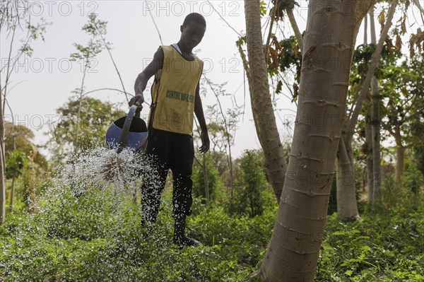 Watering of fields by farmers during organic farming at the agroecological training centre Centre