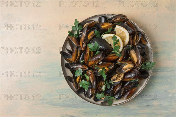 Fresh, Boiled mussels, Black Sea, with parsley and lemon, no people