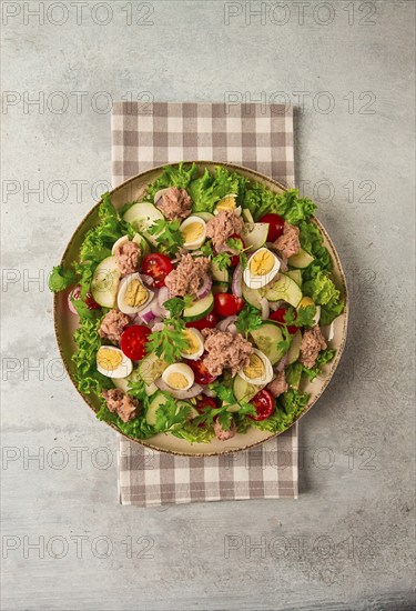Tuna salad, vegetable salad with quail eggs, lettuce, red onion and cucumbers, on a light gray