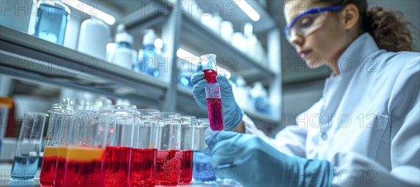 Scientist in lab medicine research holding vials with blood and virus samples for DNA sequencing,