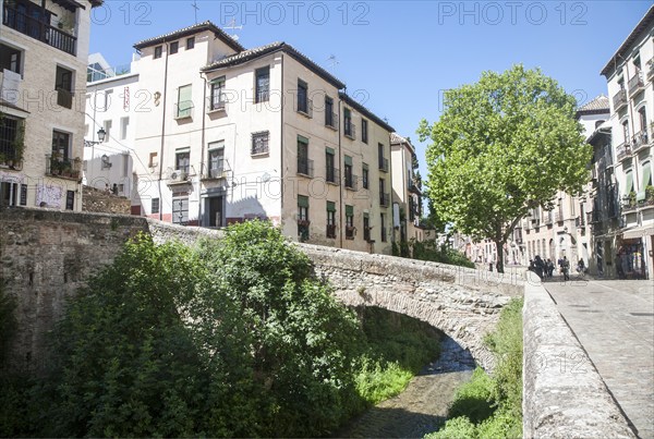 Historic buildings on Carrera del Darro and old bridge over the Rio Darro river, Granada, Spain,