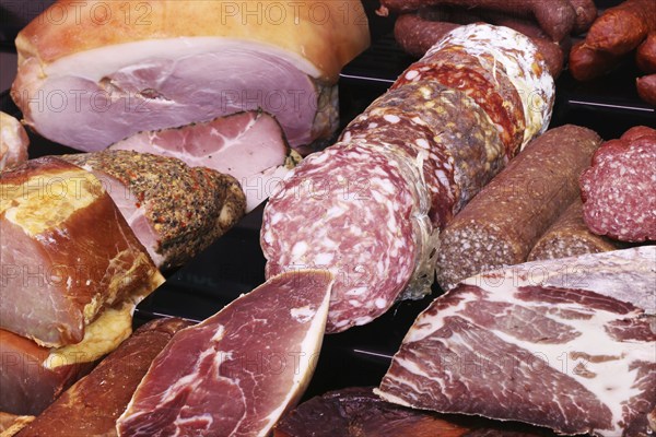 Sausage counter in a butcher's shop