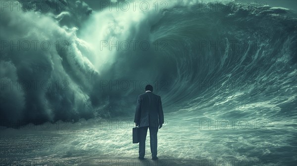 Disheartened businessman standing on the shore in the midst of approaching turbulent crashing waves
