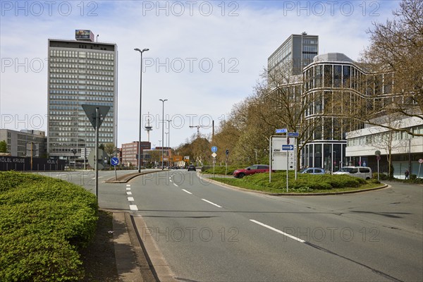 Kruppstraße with EON tower block and DB Schenker branch in Essen, independent city, North