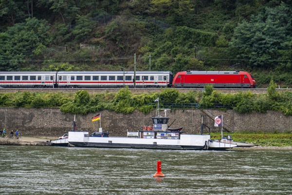 Left bank of the Rhine railway line in the Upper Middle Rhine Valley, near Kaub, IC train, car
