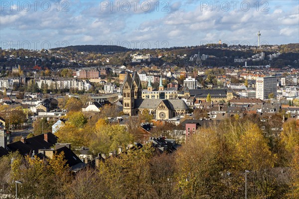 View over Wuppertal, to the north, city centre district Elberfeld, church St. Suitbertus, basilica