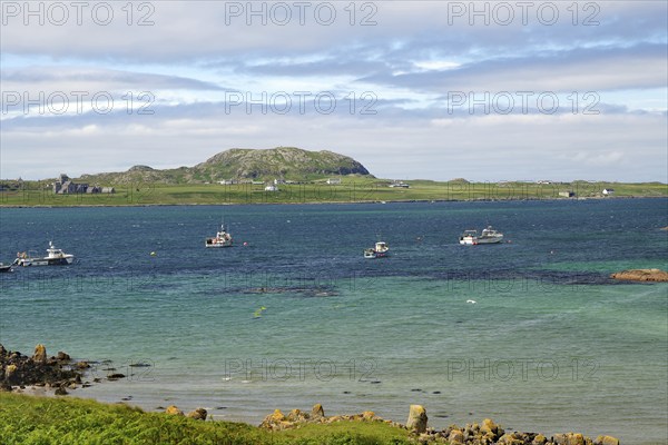 Several boats lying in turquoise blue water, with green hills and an island in the background, view