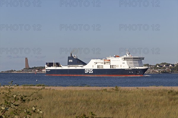 DFDS ferry, naval memorial, Laboe, front beach, Friedrichsort, Kiel, Schleswig-Holstein, Germany,