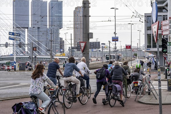 Cyclist on cycle path in front of the Erasmus Bridge over the Nieuwe Maas, skyline of skyscrapers