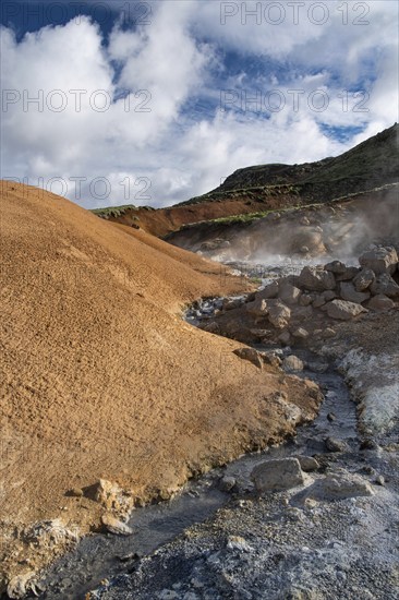 Mud pots, solfataras, coloured mineral deposits, Seltún geothermal area near Krýsuvík or Krísuvík,