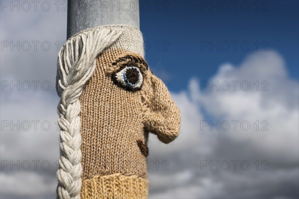 Knitting art or guerrilla knitting, lamppost, Blönduós, Norðurland, Iceland, Europe