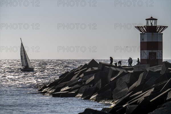 Sailing boat leaving the harbour of Scheveningen, lighthouse at the harbour entrance, Netherlands