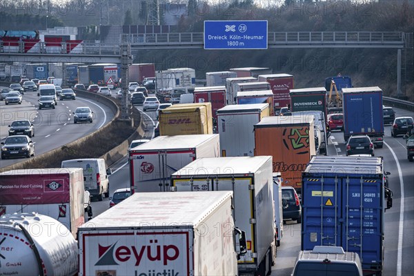 Traffic jam on the A3 motorway, at the Köln-Ost junction, heading south, four lanes jammed with