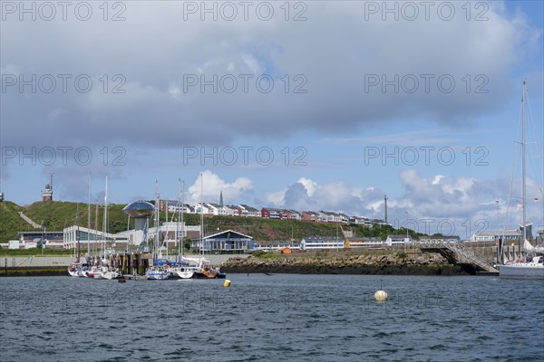 View from south-east to harbour facilities, Unterland and Oberland, offshore island Helgoland, blue
