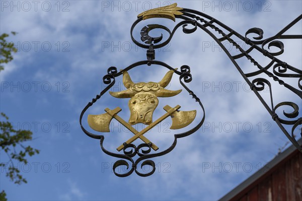Nose end sign of a butcher's shop, Betzenstein, Upper Franconia, Bavaria, Germany, Europe