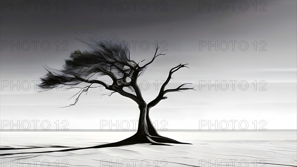 Minimalist rendering showcasing a lone tree as symbol for human resilience, AI generated