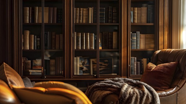 Sophisticated home library with built in bookshelves, AI generated
