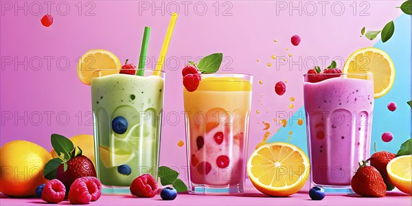 Abstract wallpaper of smoothie surrounded by an assortment of fruits and vegetables, AI generated