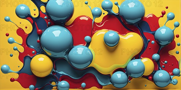 Abstract image with vibrant blue and red blobs and liquid shapes on a yellow background, AI