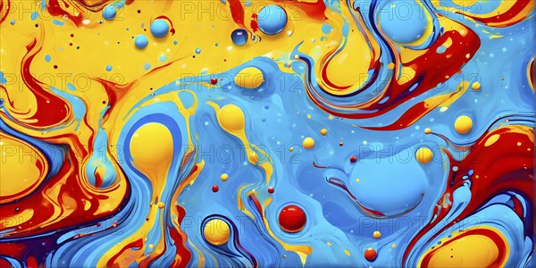 Abstract image with vibrant blue and red blobs and liquid shapes on a yellow background, AI