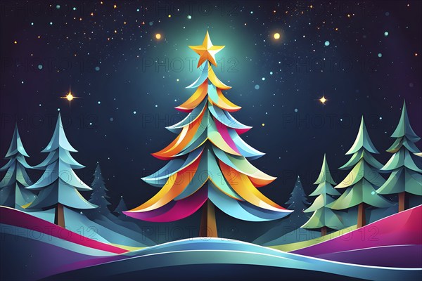 Abstract Christmas tree illustration with vibrant colors and geometric shapes, AI generated