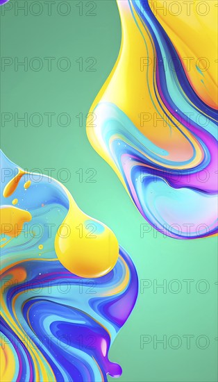 Abstract wallpaper with colorful blobs and liquid shapes on a green background, AI generated