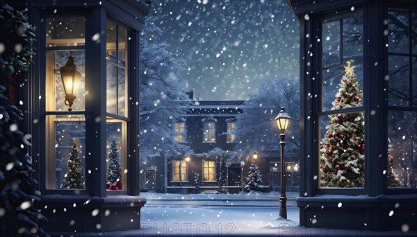 Christmas Eve with snowflakes fall under the light of a streetlamp with a decorated tree in the