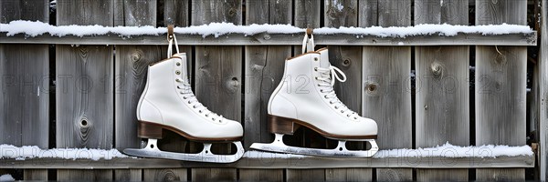 Pair of vintage ice skates hanging by their laces on an old wooden fence with frost and snow gently