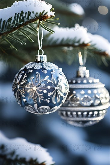 Set of Christmas ornaments hanging on a snow-covered pine tree branch, with frost clinging to the