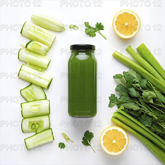 Minimalist lay flat composition of a bottle of vibrant green detox juice surrounded by green fruit
