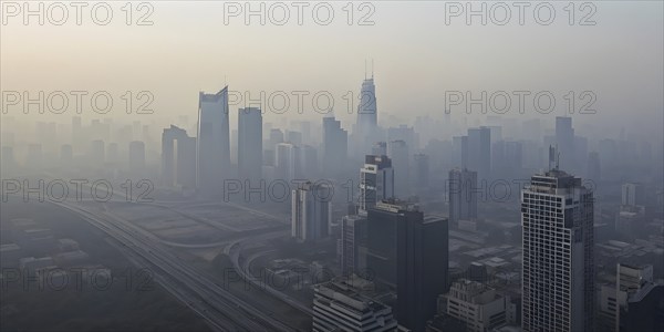 Aerial view of a mega city with smog and pollution, AI generated