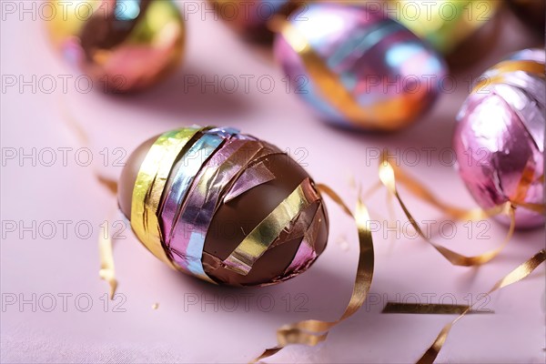 Small chocolate Easter eggs wrapped in shiny foil, placed on a bed of shredded pastel-colored