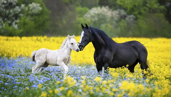 A black stallion and a foal, studio, AI generated