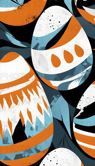 Illustration of an abstract Easter egg design with geometric patterns, bold colors, and a mix of