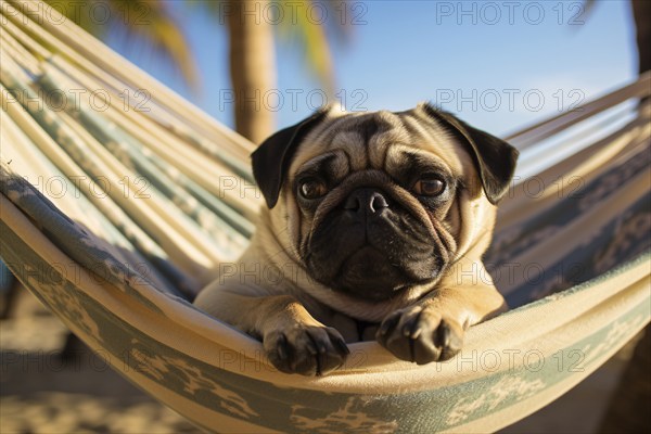 Pug dog hanging in hammock at tropical beach in summer. KI generiert, generiert, AI generated
