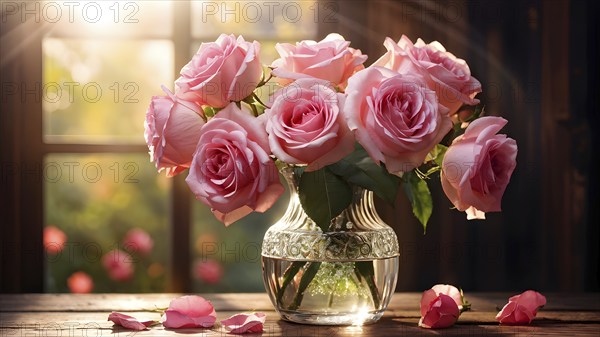 Vase of pink roses aligned on an aged oak wood table, AI generated