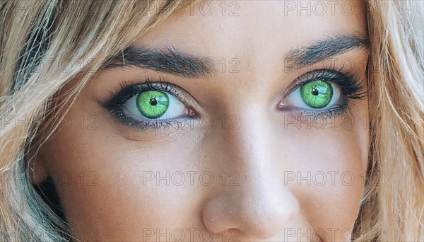 Close-up of a female face with bright green eyes and blonde hair, strong gaze, AI generated, AI