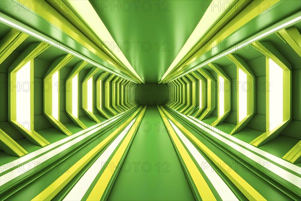 Abstract geometric pattern tunnel structure embodying data streams and communication in green hues,