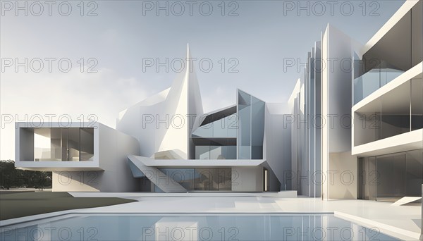 Minimalist architectural composition of modern buildings, with clean angles, rendered in geometric