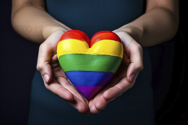 Hand holding heart with LGTB rainbow colors. KI generiert, generiert, AI generated