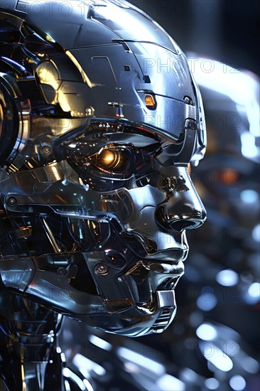 Advanced humanoid robot heads illustrating future robot concepts, AI generated