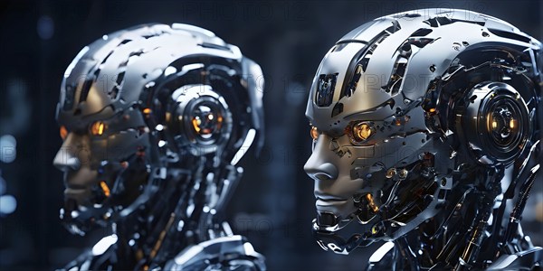Advanced humanoid robot heads illustrating future robot concepts, AI generated