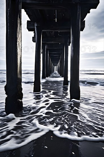 Old pier skeletal remains extend into the sea waves continuously erode its pillars, AI generated