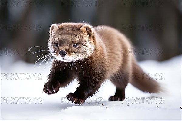 European mink mid stride side profile against white background, AI generated