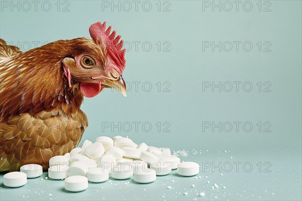 Chicken next to medical pills on blue studio background with copy space. Concept for antibiotics